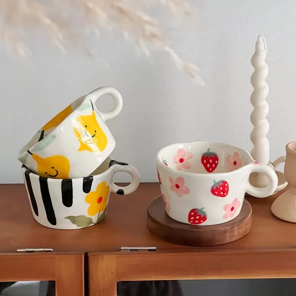 Ins Cute Hand Pinched Ceramic Mugs Hand Painted Strawberry Flower Espresso Coffee Cups Breakfast milk cup Gift For Kids Girls 1