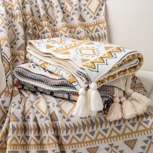 Fringed Sofa Knitted Throw, Boho Style Home Decor, Small Cozy Soft Throw for Couch or Outdoors, Soft Tassel Knitted Blankets 1