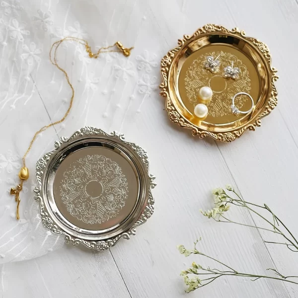 Metal Shell Storage Tray Round Glass Plate Jewelry Dish Earrings Ring Display  Fruit   Desktop Decor Photo Props 1