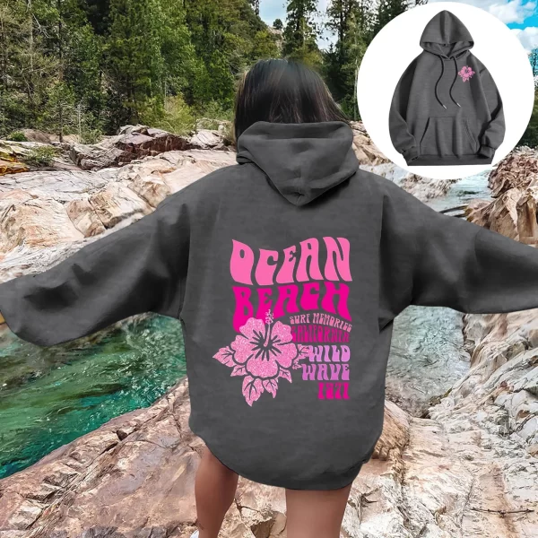 Women Sweatshirts Casual Long Sleeve Letter Graphic Tee Shirts Hooded Sweatshirts Pink Palm Puff Streetwear Fleece Warm Top 3