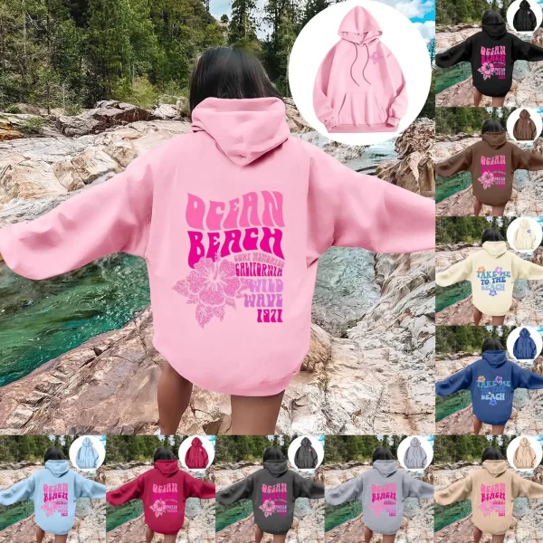 Women Sweatshirts Casual Long Sleeve Letter Graphic Tee Shirts Hooded Sweatshirts Pink Palm Puff Streetwear Fleece Warm Top 5