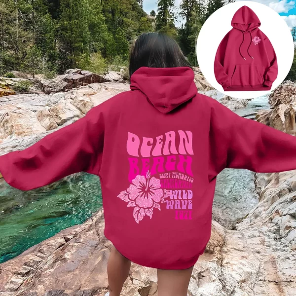 Women Sweatshirts Casual Long Sleeve Letter Graphic Tee Shirts Hooded Sweatshirts Pink Palm Puff Streetwear Fleece Warm Top 2