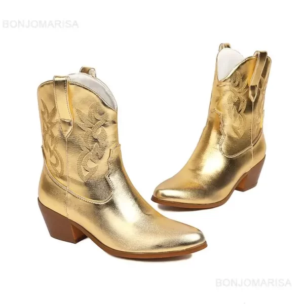 Women’s Cowboy Cowgirl Boots – Embroidery Metallic Punk Ankle Boots in Gold and Silver, Mid Heel, Pointed Toe 6