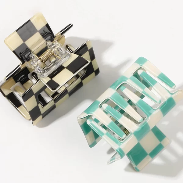 Small Square colorful checkered PVC Hair Clips – Color Block Lattice Shark Clip 2