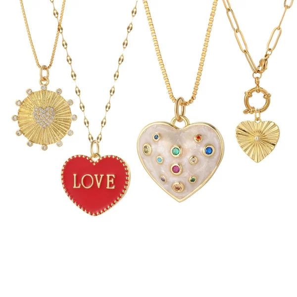 Heart Necklace– 32 Designs with Snake Box Chain, Stainless Steel Link, Gold Color Choker 5