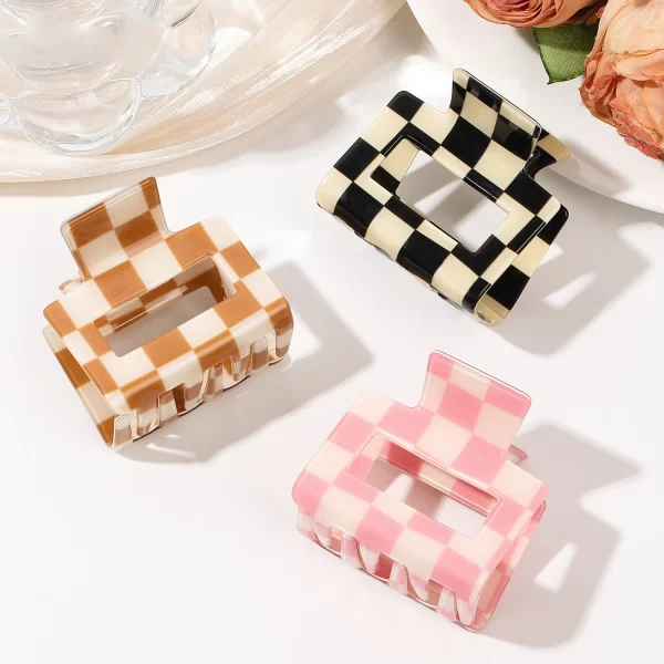 Small Square colorful checkered PVC Hair Clips – Color Block Lattice Shark Clip 4