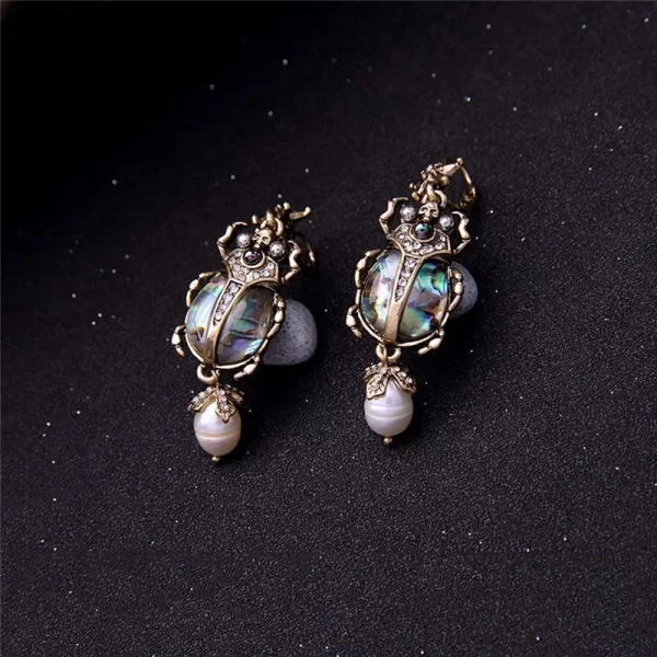 Bohemian Style Shell Beetle Earrings – Vintage Alloy Steel, Zircon & Pearl Detailing 4