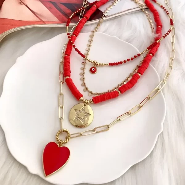 Star Red Heart Pendant Necklace Choker Beads & Evil Eye Jewelry 1