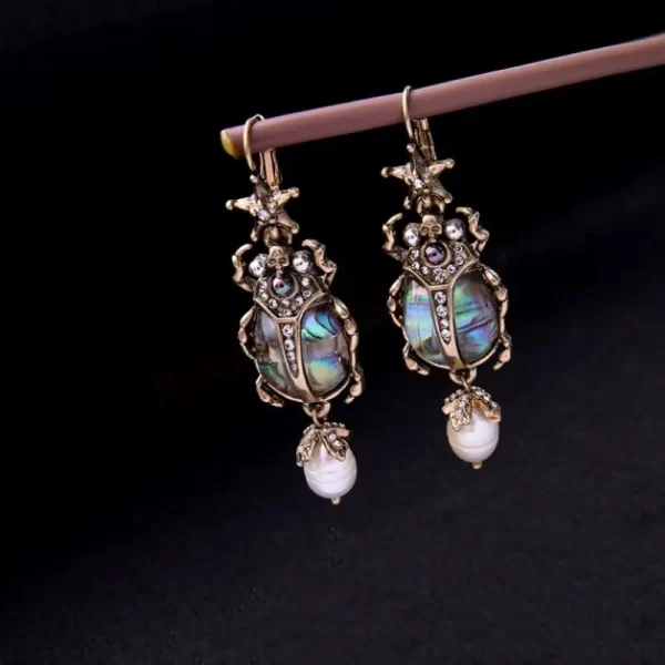 Bohemian Style Shell Beetle Earrings – Vintage Alloy Steel, Zircon & Pearl Detailing 6