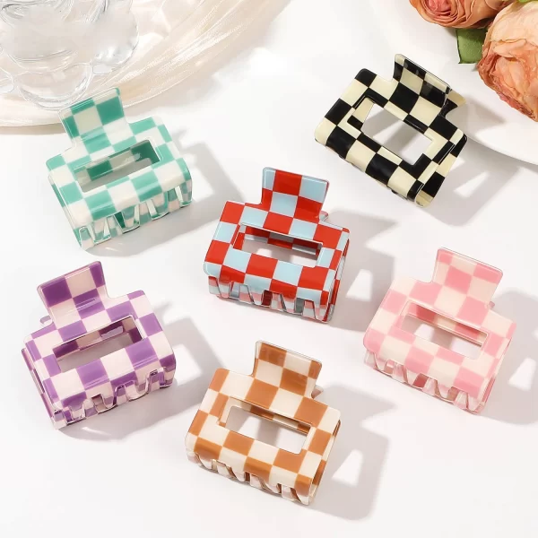 Small Square colorful checkered PVC Hair Clips – Color Block Lattice Shark Clip 1