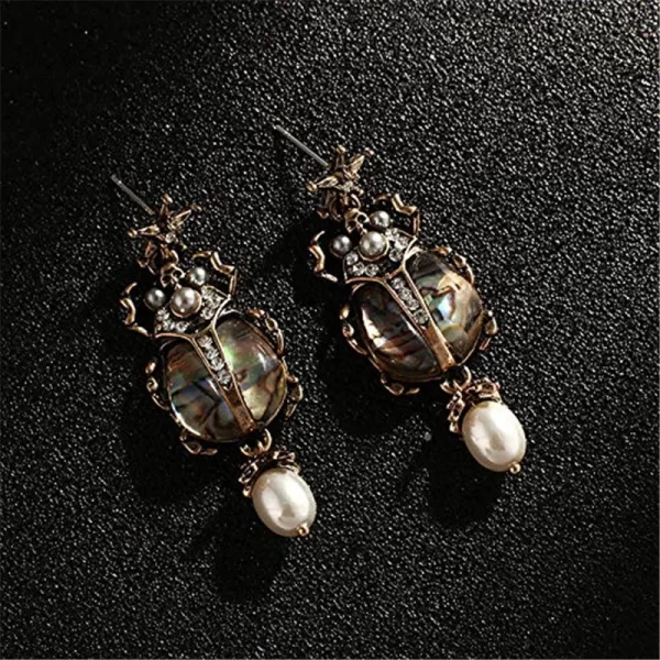 Bohemian Style Shell Beetle Earrings – Vintage Alloy Steel, Zircon & Pearl Detailing 5
