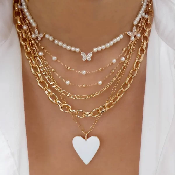 Vintage Gold-Plated Punk Multi-Layer Flower Chain Necklace – Red Heart Pendant Choker for Women 2
