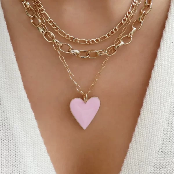 Vintage Gold-Plated Punk Multi-Layer Flower Chain Necklace – Red Heart Pendant Choker for Women 4