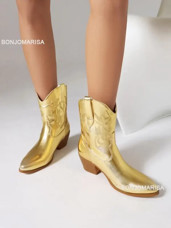 Women’s Cowboy Cowgirl Boots – Embroidery Metallic Punk Ankle Boots in Gold and Silver, Mid Heel, Pointed Toe 2