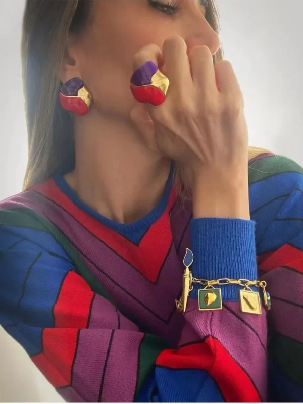 Retro Color Matching Enamel Ring & Earring Set – Irregular Punk Style Statement Jewelry 1