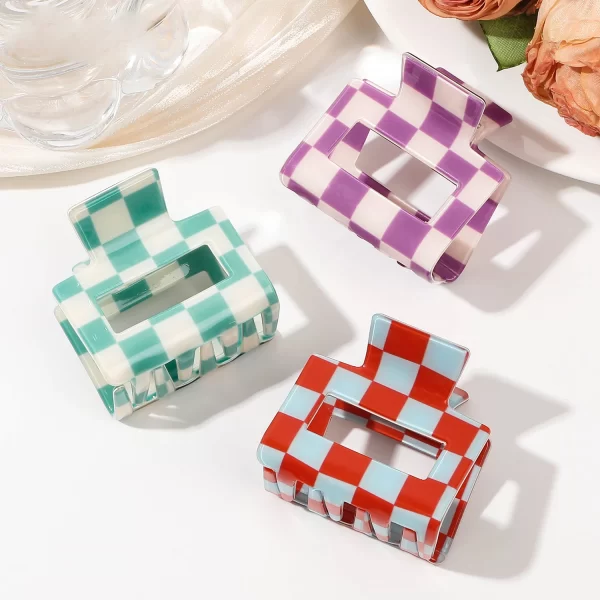 Small Square colorful checkered PVC Hair Clips – Color Block Lattice Shark Clip 3