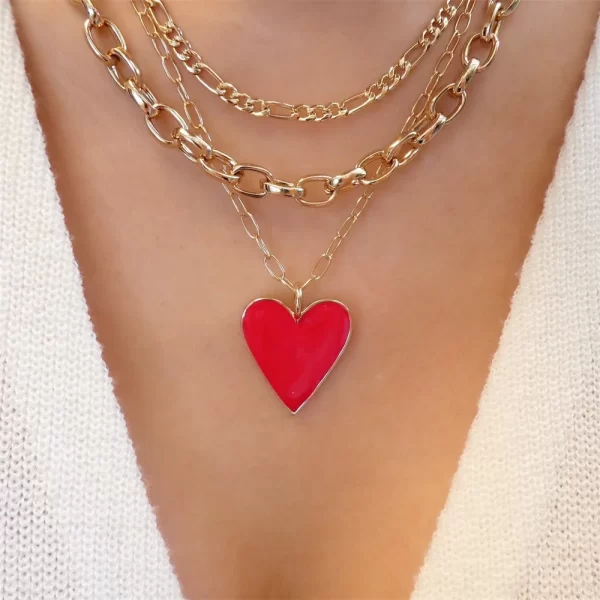 Vintage Gold-Plated Punk Multi-Layer Flower Chain Necklace – Red Heart Pendant Choker for Women 3