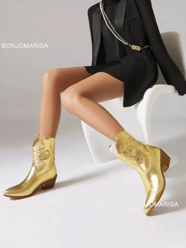 Women’s Cowboy Cowgirl Boots – Embroidery Metallic Punk Ankle Boots in Gold and Silver, Mid Heel, Pointed Toe 3