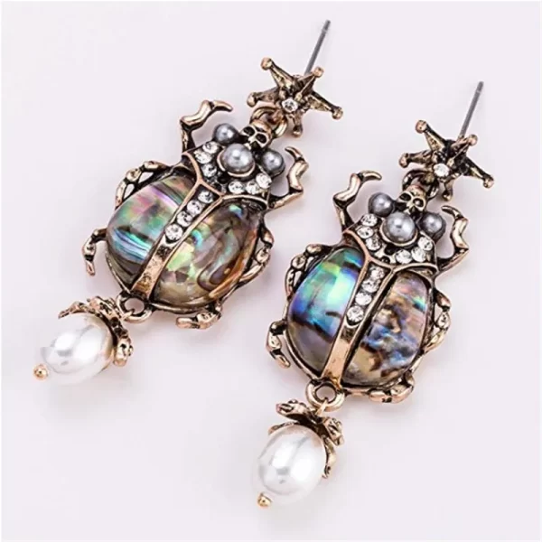 Bohemian Style Shell Beetle Earrings – Vintage Alloy Steel, Zircon & Pearl Detailing 3
