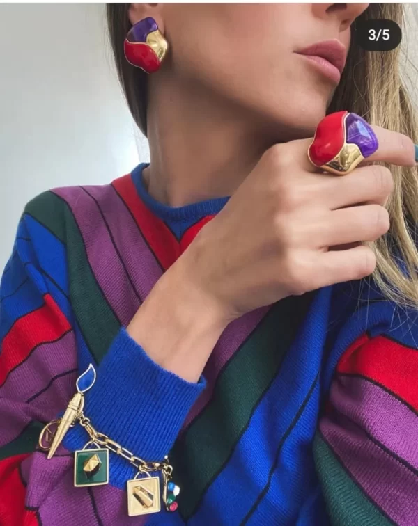 Retro Color Matching Enamel Ring & Earring Set – Irregular Punk Style Statement Jewelry 2
