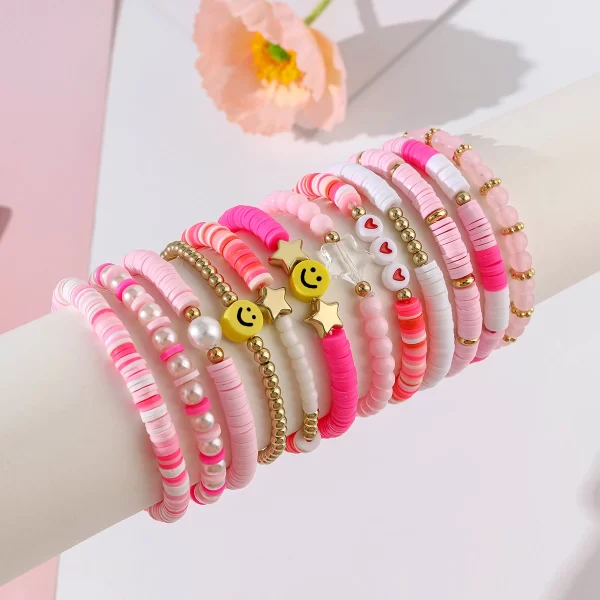 12pcs Bohemian Style Colorful Polymer Clay Friendship Bracelets Set – Heart & Star Decorations with Mix-and-Match Beads, Stylish and Fun 3