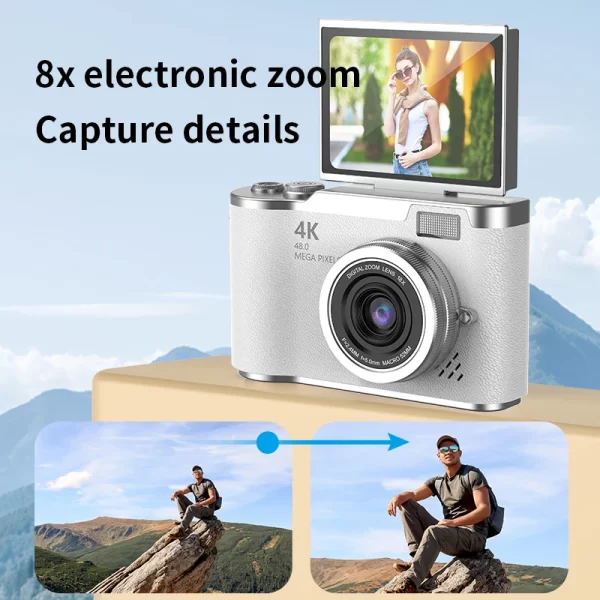 4K CCD 8X Digital Zoom Camera for Students – 48MP Compact Digital Photography Camera with 180° Flip Screen, Selfie Camera 3