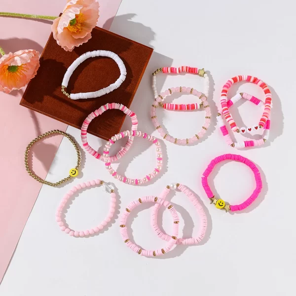 12pcs Bohemian Style Colorful Polymer Clay Friendship Bracelets Set – Heart & Star Decorations with Mix-and-Match Beads, Stylish and Fun 4