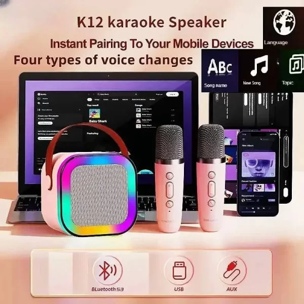 K12 Wireless Bluetooth Speaker with 2 Microphones – RGB Portable Music Player Karaoke Machine for Family & Kids, TF Card Support 3