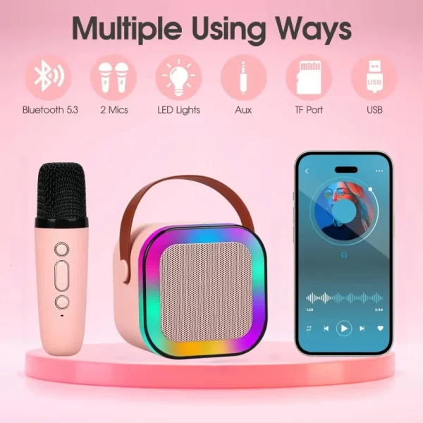 K12 Wireless Bluetooth Speaker with 2 Microphones – RGB Portable Music Player Karaoke Machine for Family & Kids, TF Card Support 5