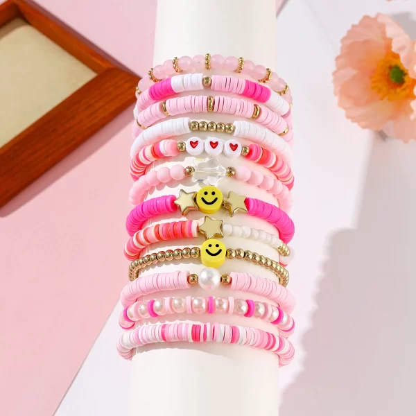 12pcs Bohemian Style Colorful Polymer Clay Friendship Bracelets Set – Heart & Star Decorations with Mix-and-Match Beads, Stylish and Fun 1
