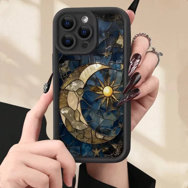 Aesthetic Glass Printed Sun & Moon Silicone Phone Case for iPhone 16, 14, 12, 13, 11, 15 Pro Max, X, XS, 7, 8 Plus – Shockproof Soft Cover 1