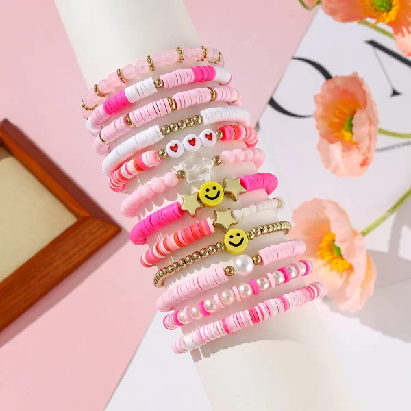 12pcs Bohemian Style Colorful Polymer Clay Friendship Bracelets Set – Heart & Star Decorations with Mix-and-Match Beads, Stylish and Fun 2