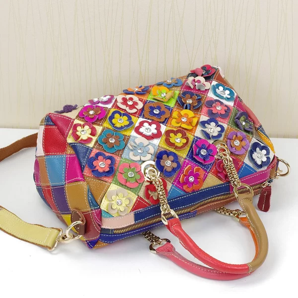 Colorful Flower Plaid Genuine Leather Messenger Bag – Women's Chain Handbag 4