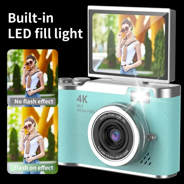 4K CCD 8X Digital Zoom Camera for Students – 48MP Compact Digital Photography Camera with 180° Flip Screen, Selfie Camera 5