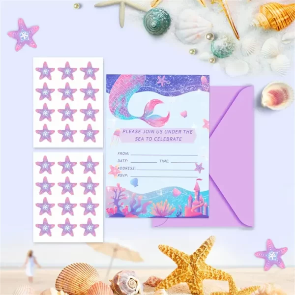 Mermaid Thank You Cards include 3 cords & 3 Envelopes & 1 Stickers For Children's birthday party, Children's gifts 6