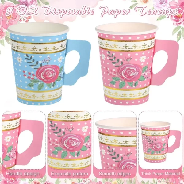 200 Pcs Disposable Tea Party Cups and Saucers Set, 50 Guests Floral Tea Party Supplies Include 9 oz Paper Tea Cups with Handle 4