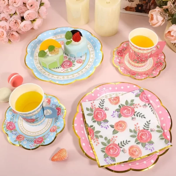 200 Pcs Disposable Tea Party Cups and Saucers Set, 50 Guests Floral Tea Party Supplies Include 9 oz Paper Tea Cups with Handle 3