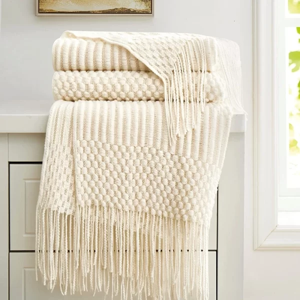 White Boho Chunky Knit Throw Blanket – Soft Textured Bedspread or Sofa Cover 1