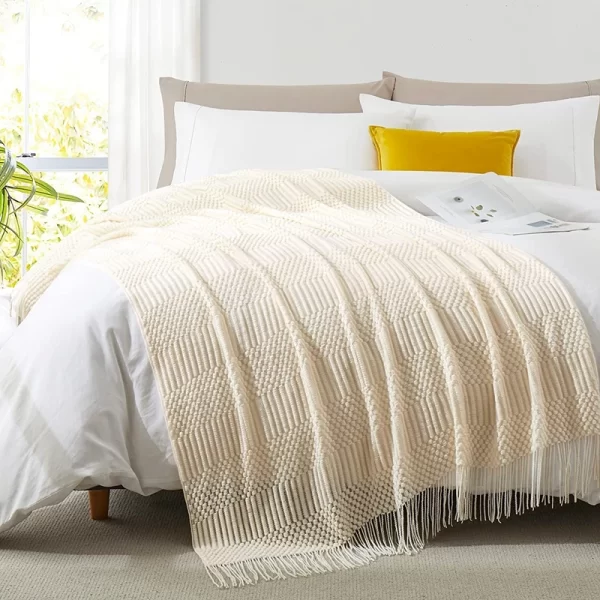 White Boho Chunky Knit Throw Blanket – Soft Textured Bedspread or Sofa Cover 4
