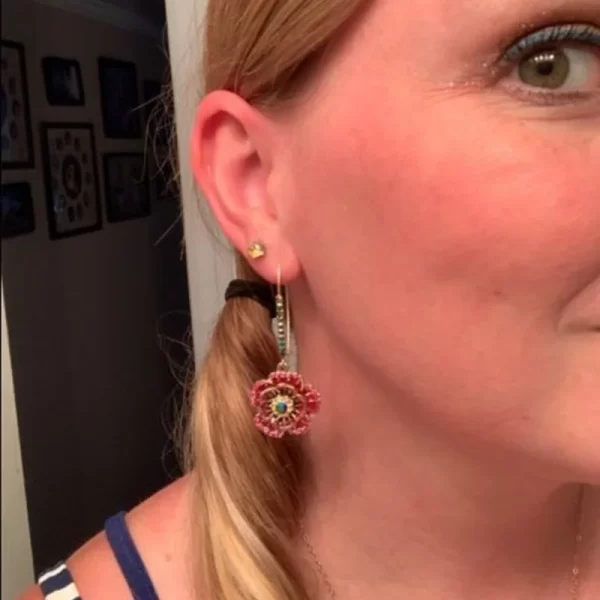 Exquisite Rose Flower Hook Earrings – Gold Tone with Red Enamel & Colorful Crystals 3