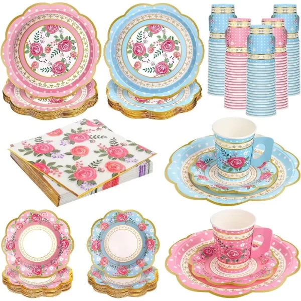 200 Pcs Disposable Tea Party Cups and Saucers Set, 50 Guests Floral Tea Party Supplies Include 9 oz Paper Tea Cups with Handle 1