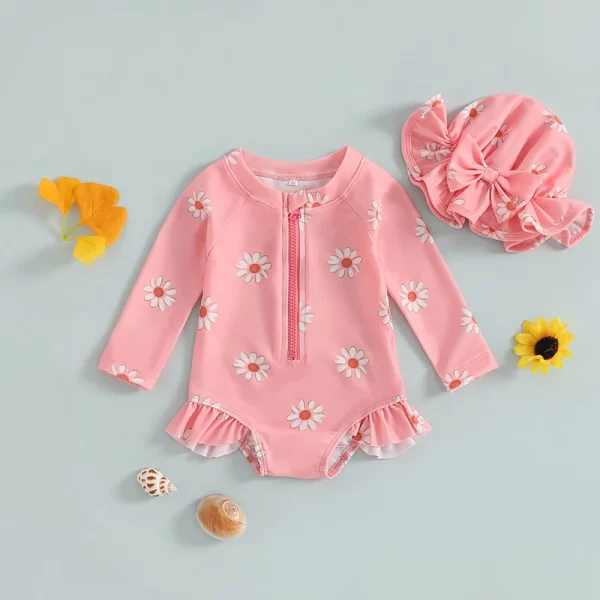 Baby Girl Long Sleeve Swimsuit with Hat – Floral Zippered One-Piece Swimwear for Summer 6