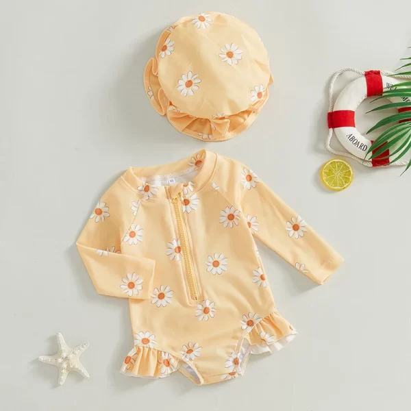 Baby Girl Long Sleeve Swimsuit with Hat – Floral Zippered One-Piece Swimwear for Summer 4