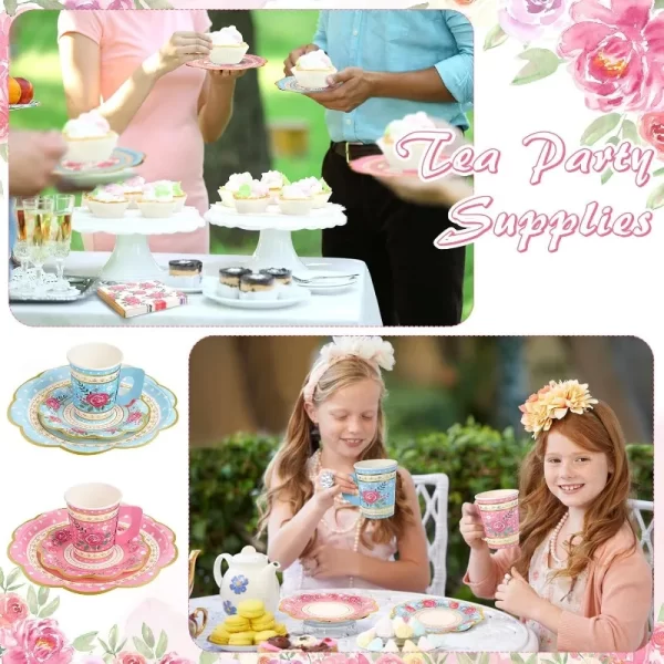 200 Pcs Disposable Tea Party Cups and Saucers Set, 50 Guests Floral Tea Party Supplies Include 9 oz Paper Tea Cups with Handle 6