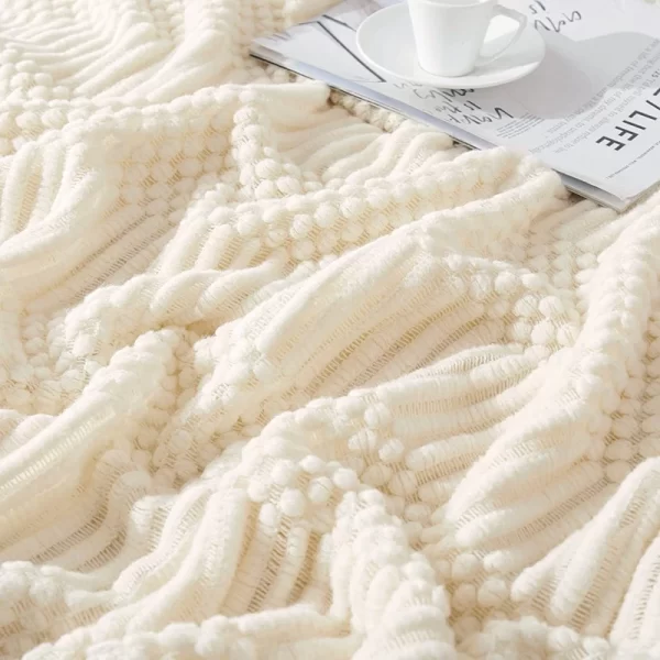 White Boho Chunky Knit Throw Blanket – Soft Textured Bedspread or Sofa Cover 2