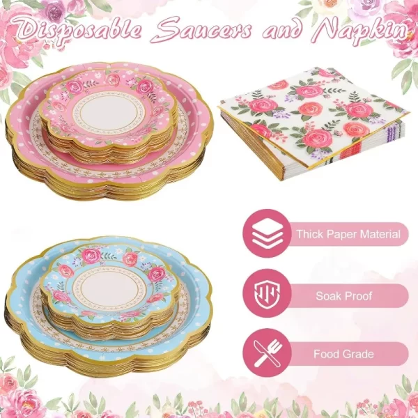 200 Pcs Disposable Tea Party Cups and Saucers Set, 50 Guests Floral Tea Party Supplies Include 9 oz Paper Tea Cups with Handle 5