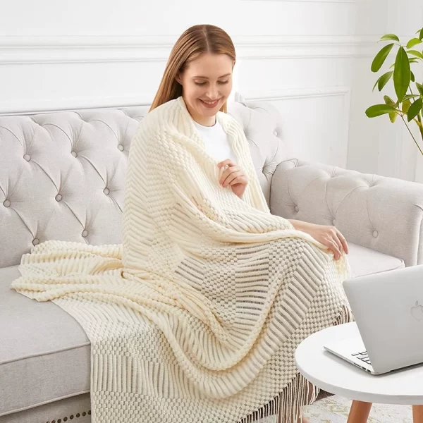 White Boho Chunky Knit Throw Blanket – Soft Textured Bedspread or Sofa Cover 5