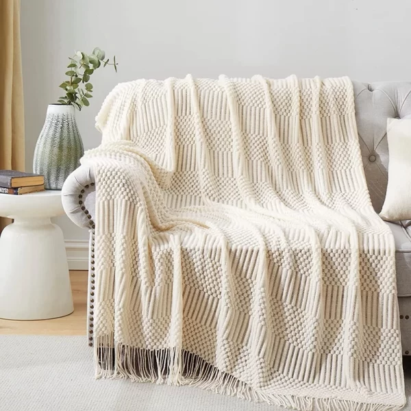 White Boho Chunky Knit Throw Blanket – Soft Textured Bedspread or Sofa Cover 6