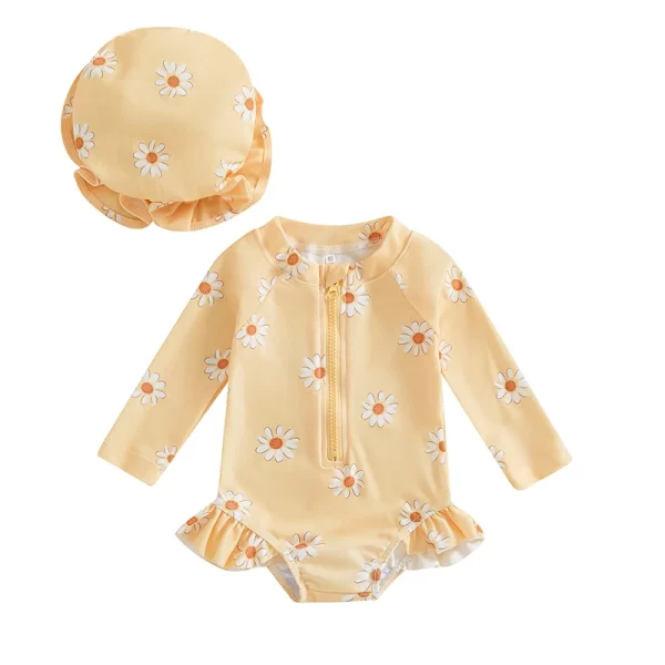 Baby Girl Long Sleeve Swimsuit with Hat – Floral Zippered One-Piece Swimwear for Summer 1