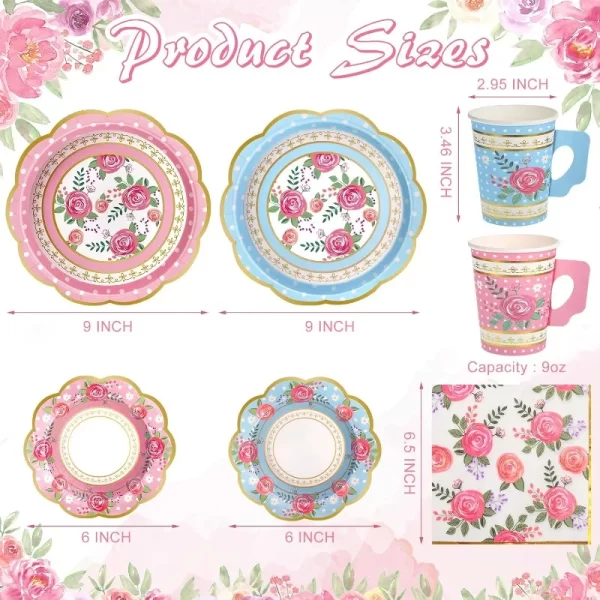 200 Pcs Disposable Tea Party Cups and Saucers Set, 50 Guests Floral Tea Party Supplies Include 9 oz Paper Tea Cups with Handle 2
